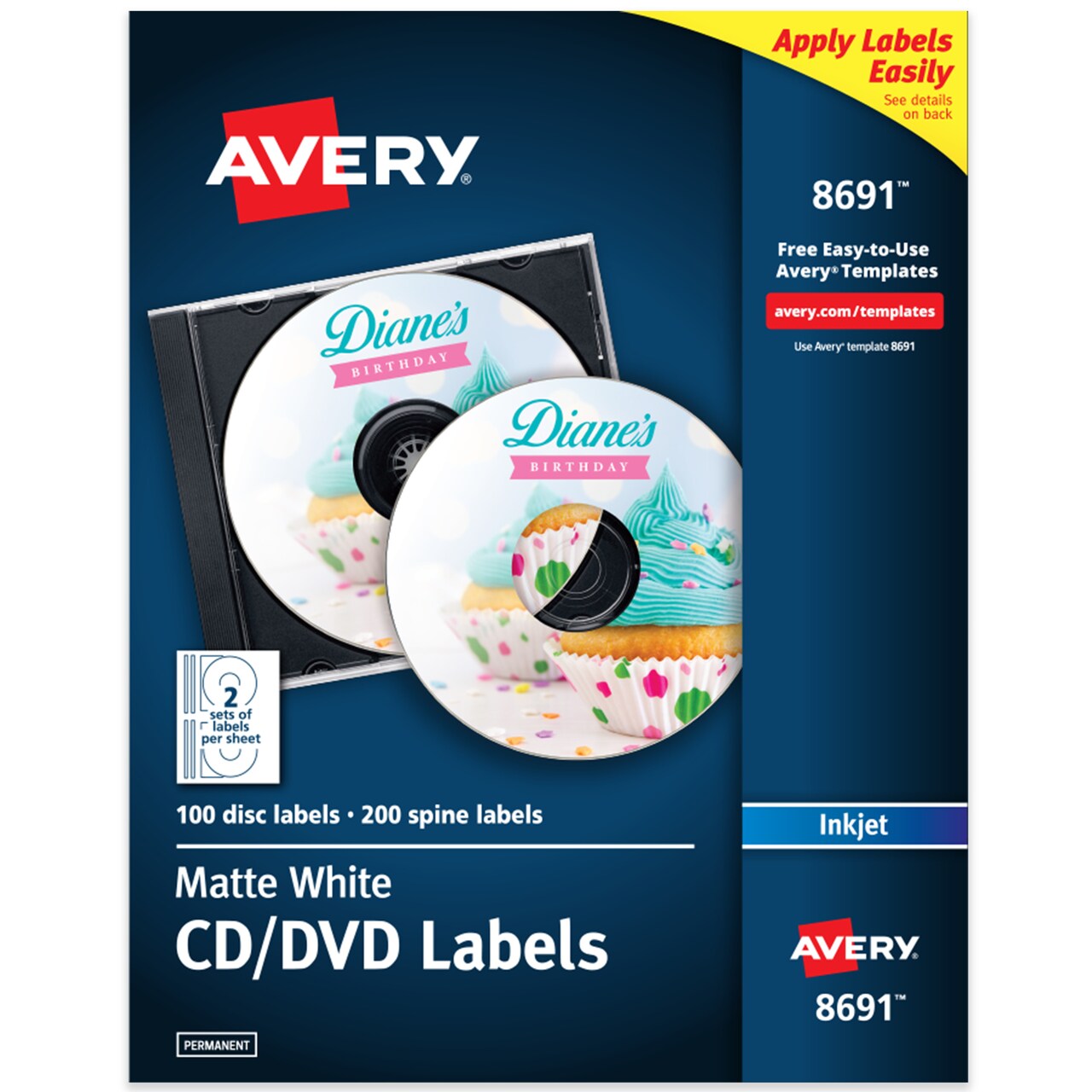 Avery Printable CD Labels, Matte White, Permanent Adhesive, Inkjet Printers, 100 Blank CD Labels & 200 Spine Labels (8691)